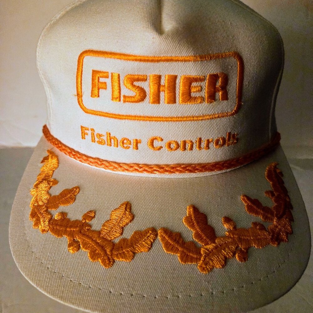White Snapback Fisher Controls Baseball Cap Trucker Hat w/ Yellow Logo